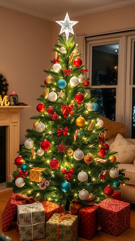 Festive Christmas Tree Decoration Ideas A decorated Christmas tree with lights, ornaments, and a star, surrounded by gifts in a festive living room.